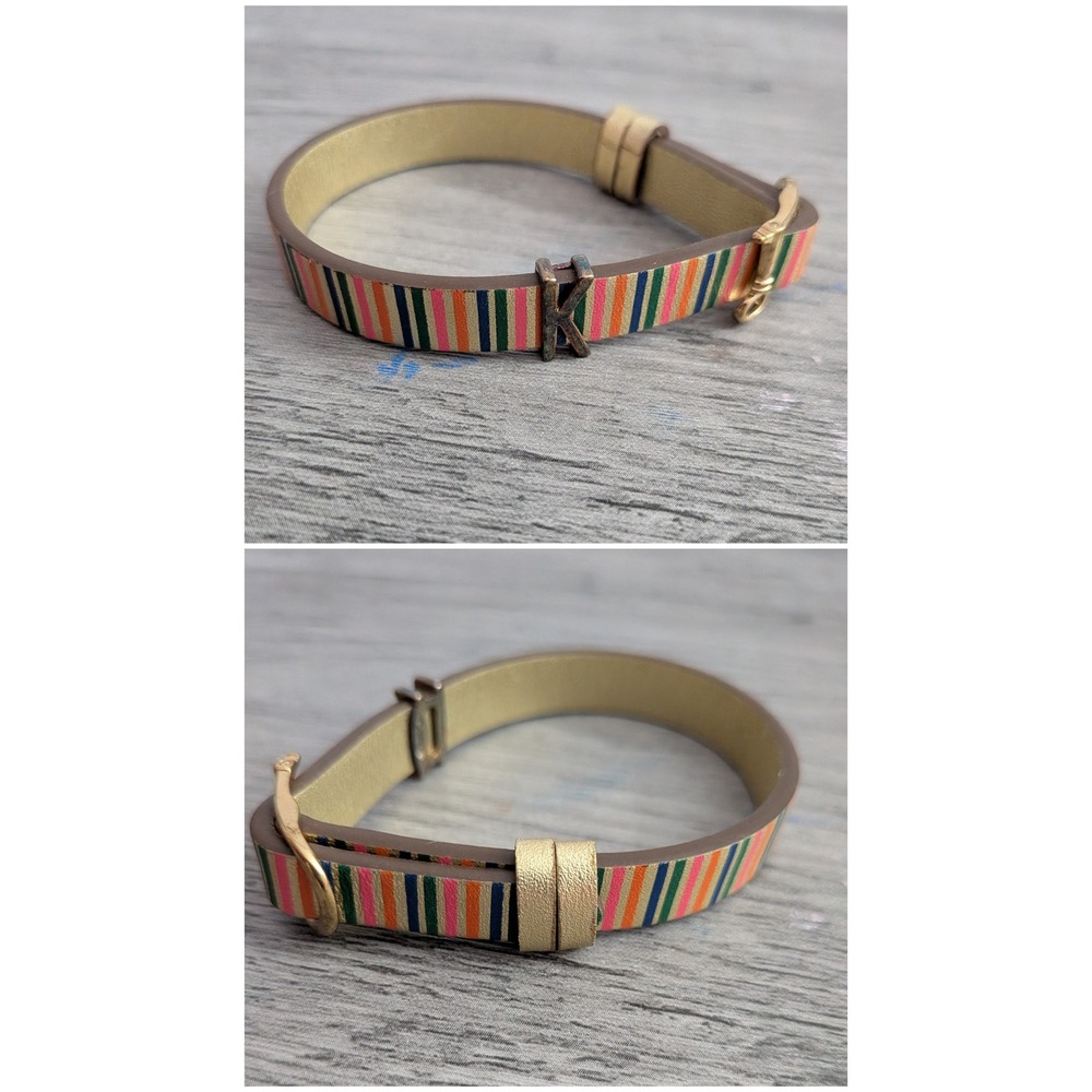 Multi Color Striped Leather Wrap Bracelet Initial K Charm